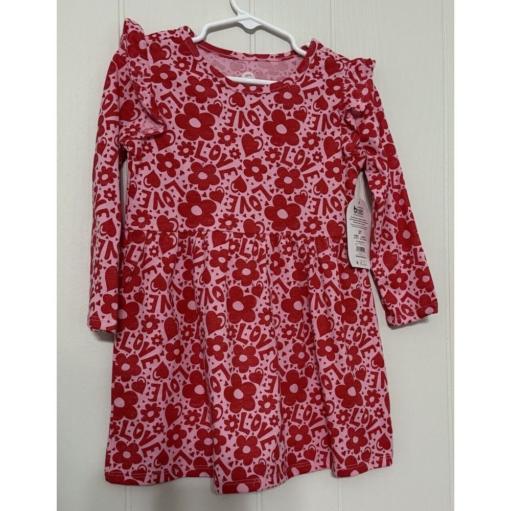 Valentine Dress 3T Heart Flower Love Print Red/Pink, Long Sleeve Wonder Nation